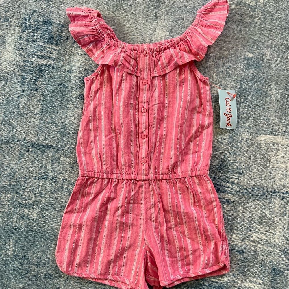 NWT! Cat & Jack Pink Silver Striped Ruffle Sleeve Romper 5T